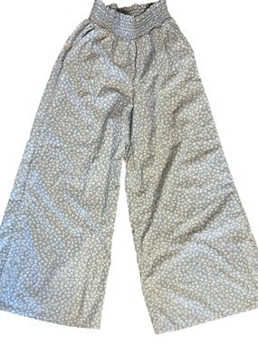 American Eagle Floral Wide Leg Pant Women Small Blue Smock Waist Boho Cotton